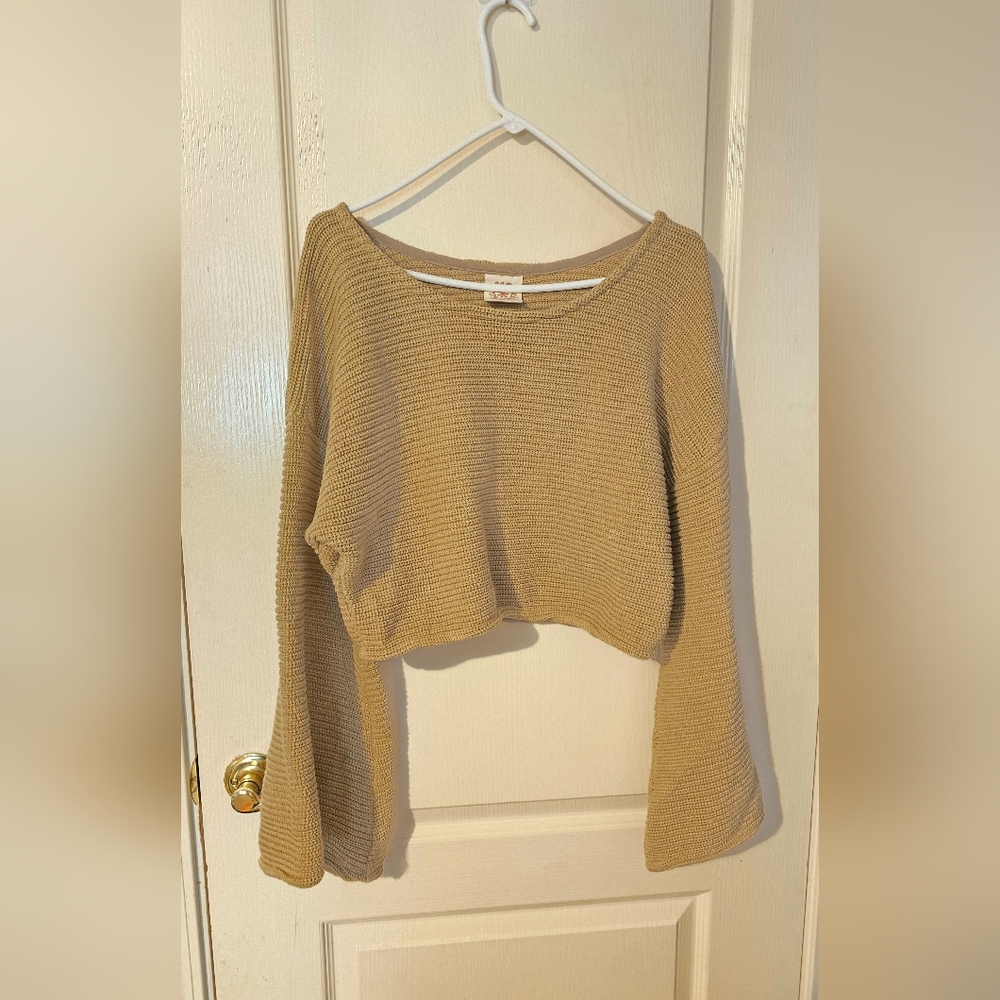 Gardenbelle 100% Organic Cotton Cozy Cropped Bell-Sleeve Sweater - Tan